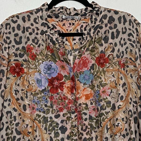 Johnny Was Amabel 100% Silk Blouse Large Cheetah Print Button Up Extra Large - Picture 3 of 14